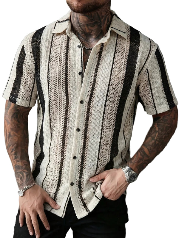 Men’s Striped Open-Knit Short-Sleeve Shirt