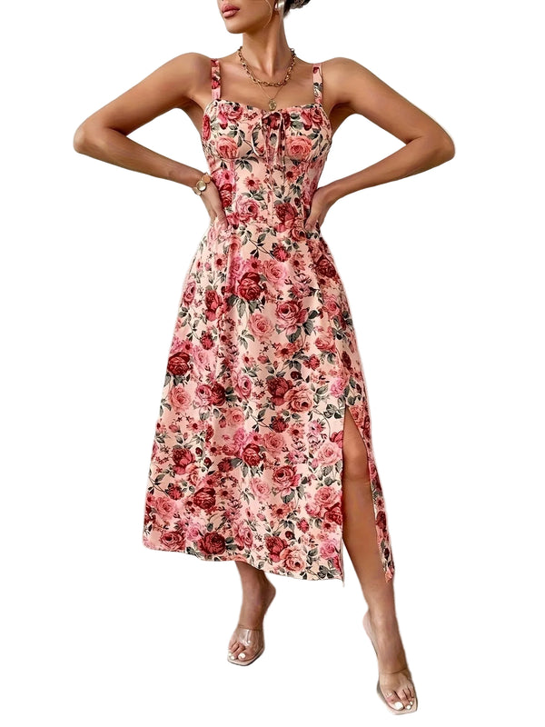 Women’s Floral Print Midi Dress with Side Slit