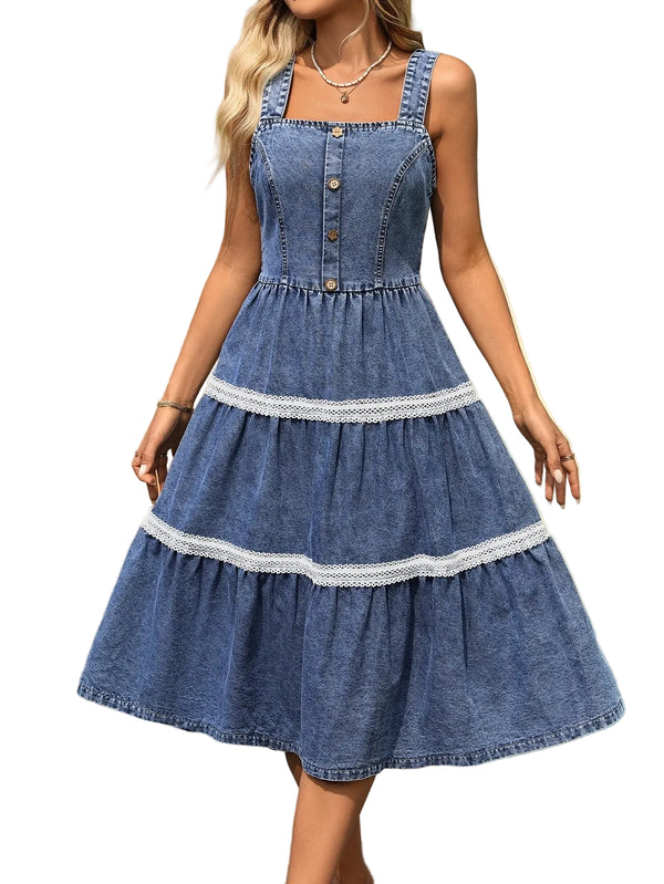 Women’s Tiered Midi Dress with Lace Trim